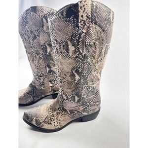 Snakeskin Print Western Cowboy Boots Pointed Toe Block Heel Grey Beige Women 9